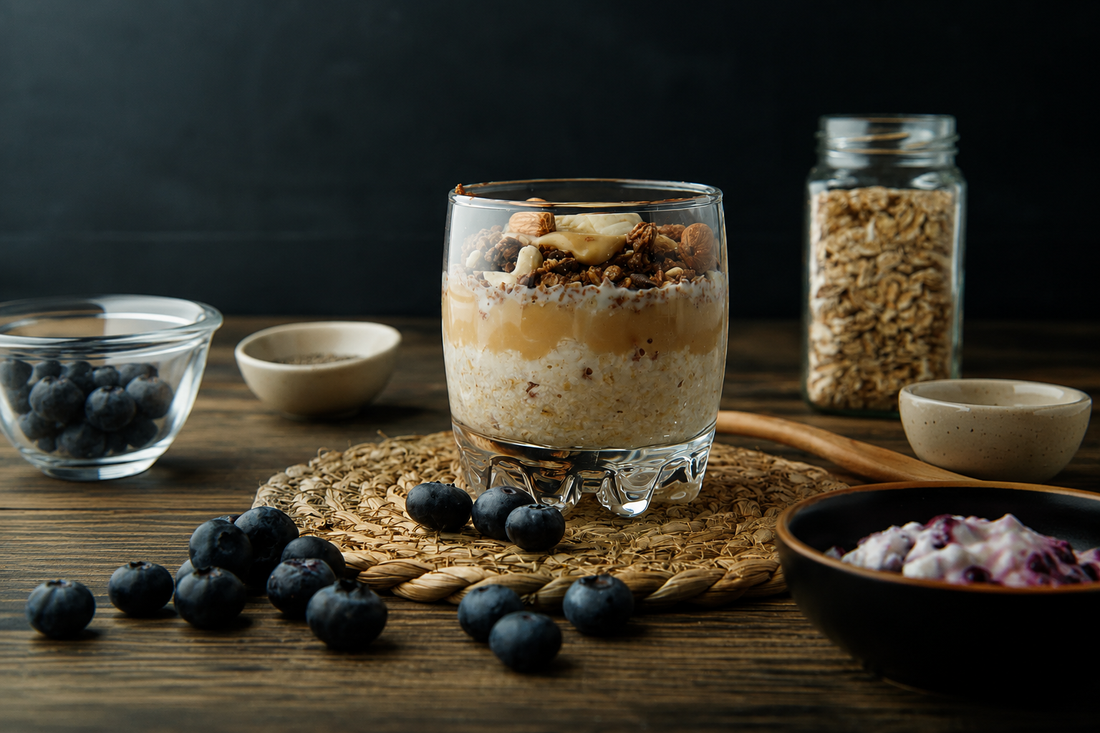 Glass of overnight oats topped with granola, almonds and peanut butter, served on a rustic table with fresh blueberries and oats in the background.