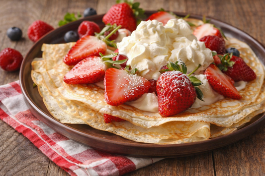 Oat milk French crepes topped with fresh strawberries, blueberries, whipped cream and a light dusting of icing sugar on a plate.