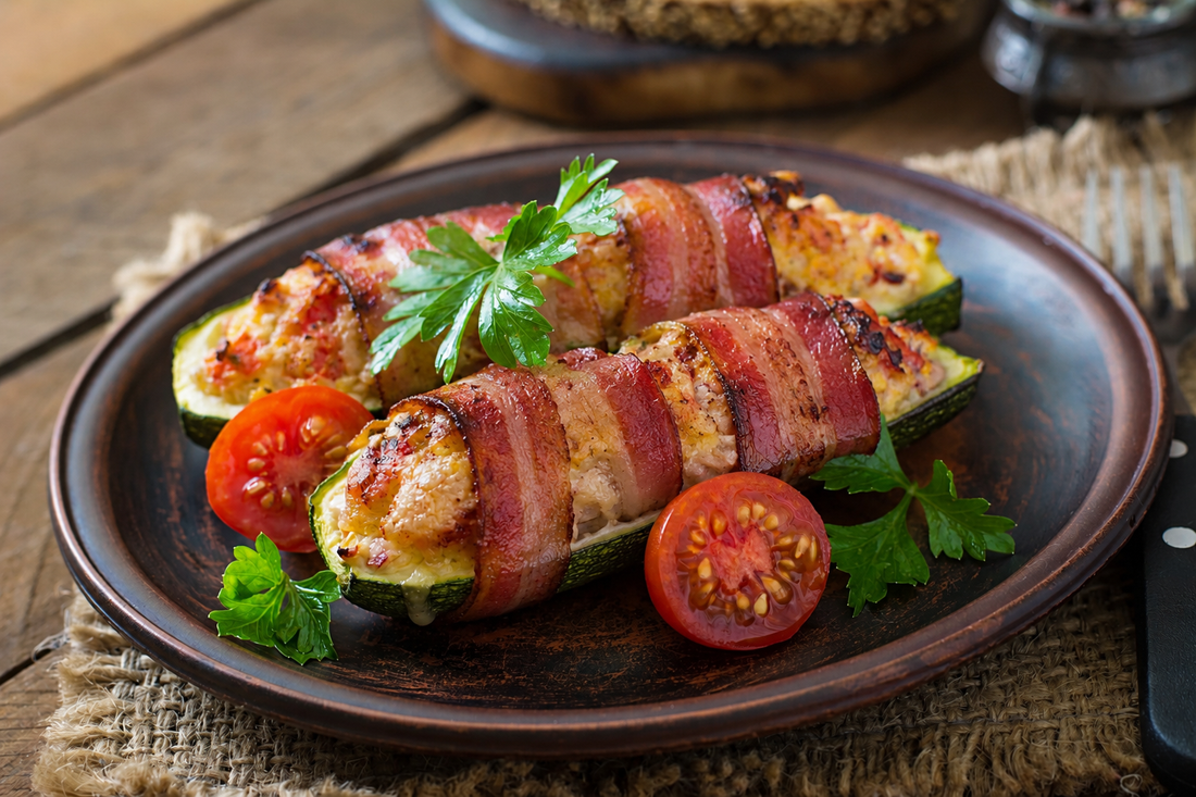 Bacon-wrapped stuffed zucchini boats with a golden cheesy filling, served on a rustic plate with parsley and cherry tomatoes.