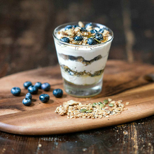 oats; oat milk chia seed pudding; blueberries; dessert