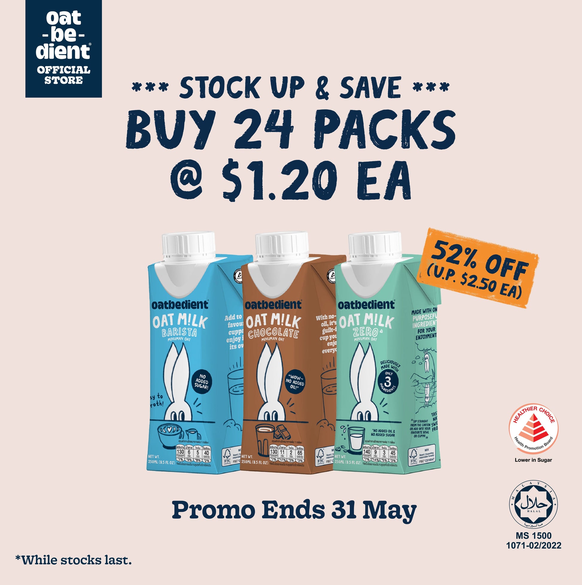 Promotional advertisement for Oat-Bedient oat milk packs with a discount offer on a light beige background.