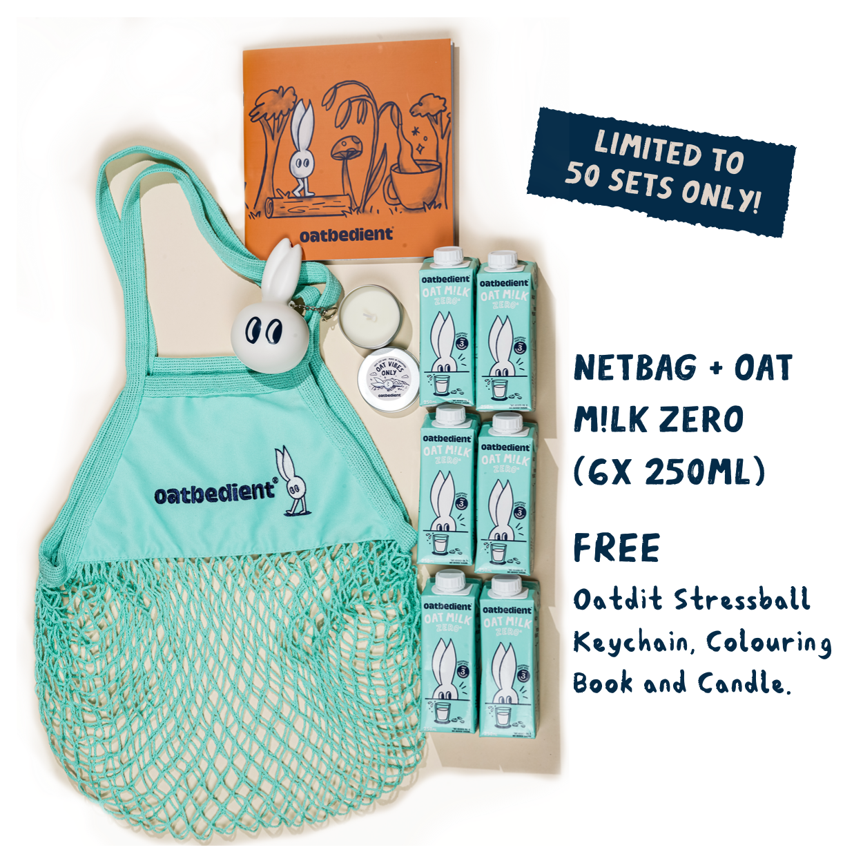 discover the health benefits of oats with a bundle of oat milk drink, green mesh bag, keychain and colouring book