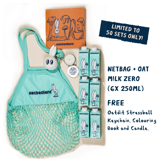 discover the health benefits of oats with a bundle of oat milk drink, green mesh bag, keychain and colouring book