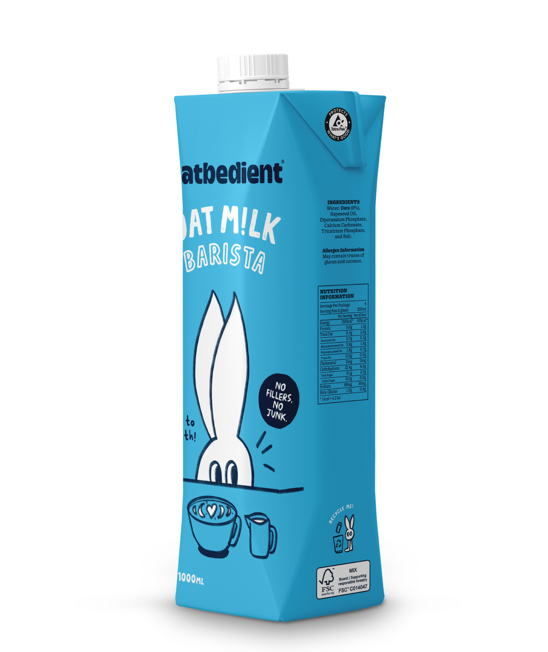 Oatbedient Oat Milk Barista in 1L carton sideview